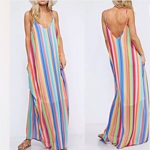 Rainbow stripes maxi sun beach dress pockets M/L